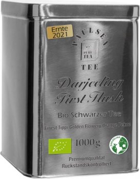 Bio Darjeeling First Flush, Ernte 2021, schwarzer Tee,  1000g - in hochwertiger Edelstahldose, silber glänzend