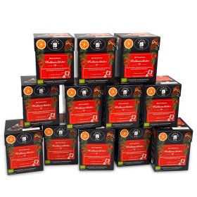 Bio Früchtetee Weihnachtstee, -Set- 12 Faltschachteln mit je 15 Pyramidenbeutel einzeln kuvertiert à 3g