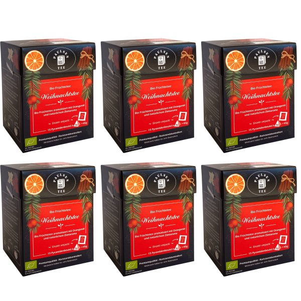 Bio Früchtetee Weihnachtstee, -Set- 6 Faltschachteln mit je 15 Pyramidenbeutel einzeln kuvertiert à 3g