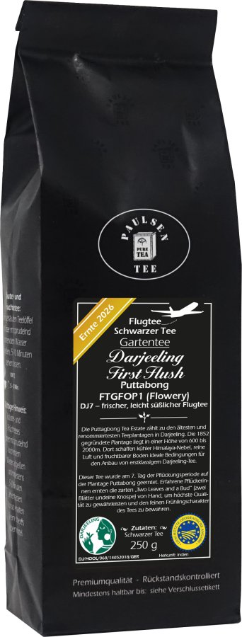 Flugtee 2026, Darjeeling First Flush FTGFOP1, schwarzer Tee - Gartentee - Plantage Puttabong
