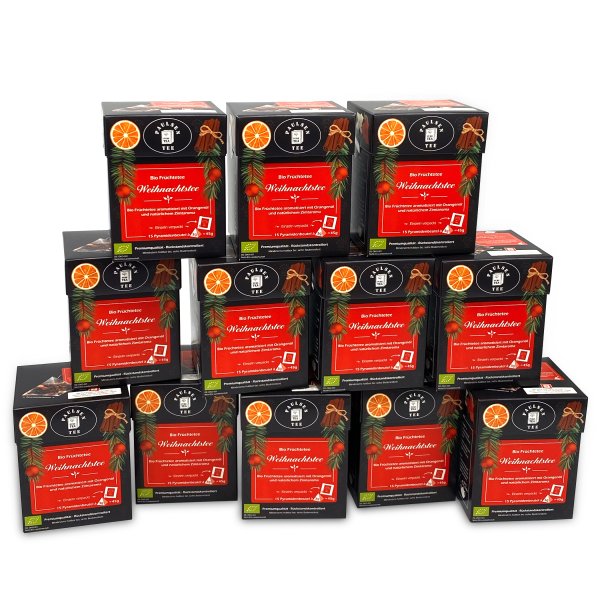 Bio Früchtetee Weihnachtstee, -Set- 12 Faltschachteln mit je 15 Pyramidenbeutel einzeln kuvertiert à 3g
